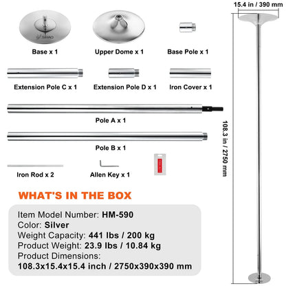 SIHAO Stainless Steel Dance Pole Kit, Height Adjustable Spinning & Static Pole, Portable Dance Fitness Equipment for Home, Club & Gym