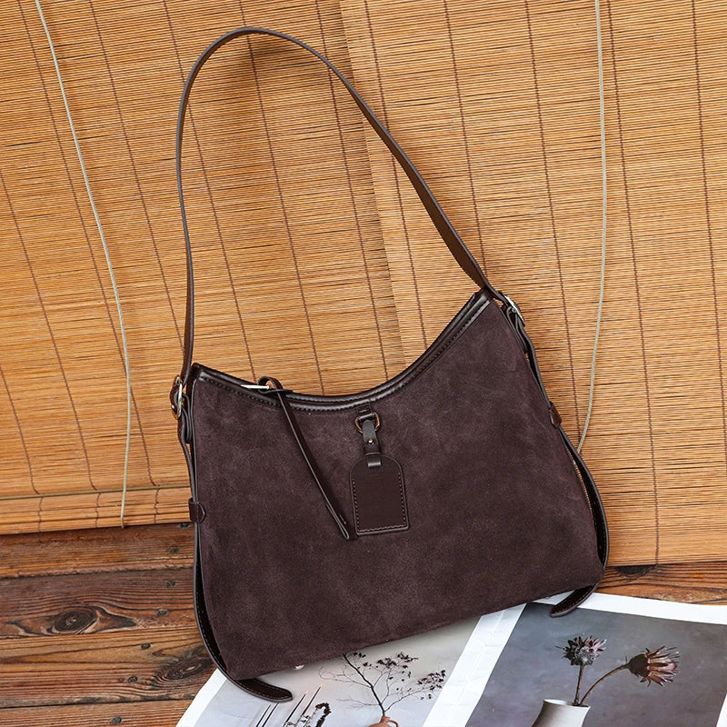 Winter Women's Natural Suede Leather Classic Underarm Bag Female Soft Cowhide Durable Handbags Ladies Luxury Designer Bags