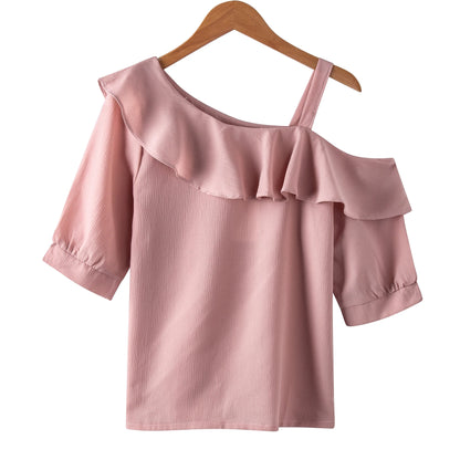 Women's Shirt Tops One-Shoulder Ruffles Short-sleeved Chiffon Blouse