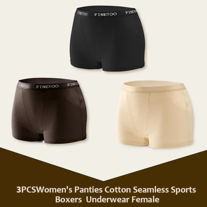 3Pcs Women's Cotton Boxers Panties Seamless Sports Underwear Female Solid Color Briefs Lingerie Intimate Underpant Finetoo S-XXL