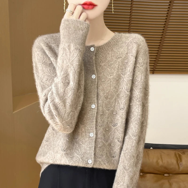 New Autumn Winter Soft Warm Cardigan Woman Cashmere Sweater O-neck Women 100% Merino Wool Sweater Loose Fit Hollow out Top Coat