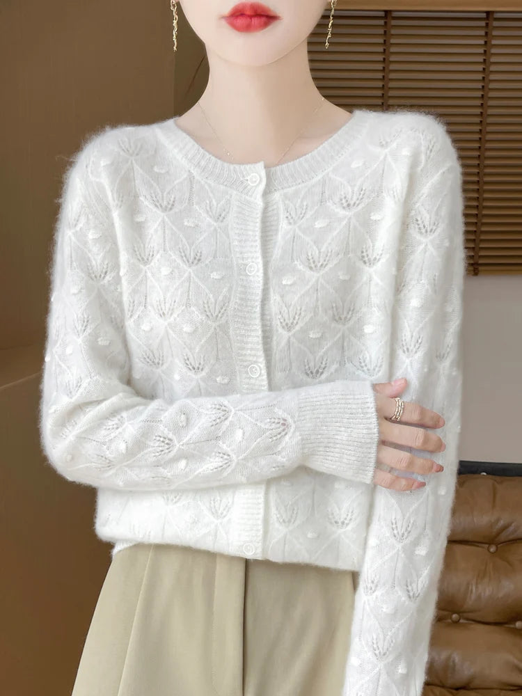 New Autumn Winter Soft Warm Cardigan Woman Cashmere Sweater O-neck Women 100% Merino Wool Sweater Loose Fit Hollow out Top Coat