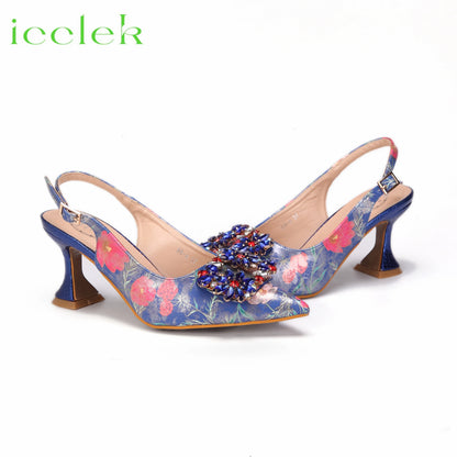Newest Green Color Print Design High Heels Decorated with Water Rhinestone Party Women's Shoes and Bags Set