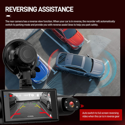 Podofo 1080P Car Dash Cam with Four High-Definition Cameras, Including 480P Left Interior, Right Interior, and Rear Cameras Night Vision Loop Recording Car Driving, Reversing Recorder