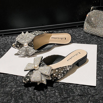 Summer New Shoes for Women Luxury Slipper Outdoor Pointed Toe Pearl Casual Sandals Girl Four Leaf Clover Flat Mules Slides