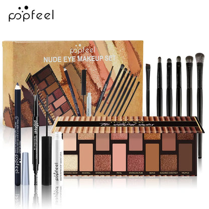 Essential Eye Makeup Set for Beginners Matte&Shimmer Eyeshadow Palette, Mascara, Eyebrow Pencil, Lip Eyeliner,Brush Tool Set Box