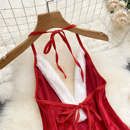 SINGREINY Christmas Cosplay Nightwear Playsuit Deep V Open Crotch Sheath Bodysuits Women Sexy Temptation Velvet Backless Rompers