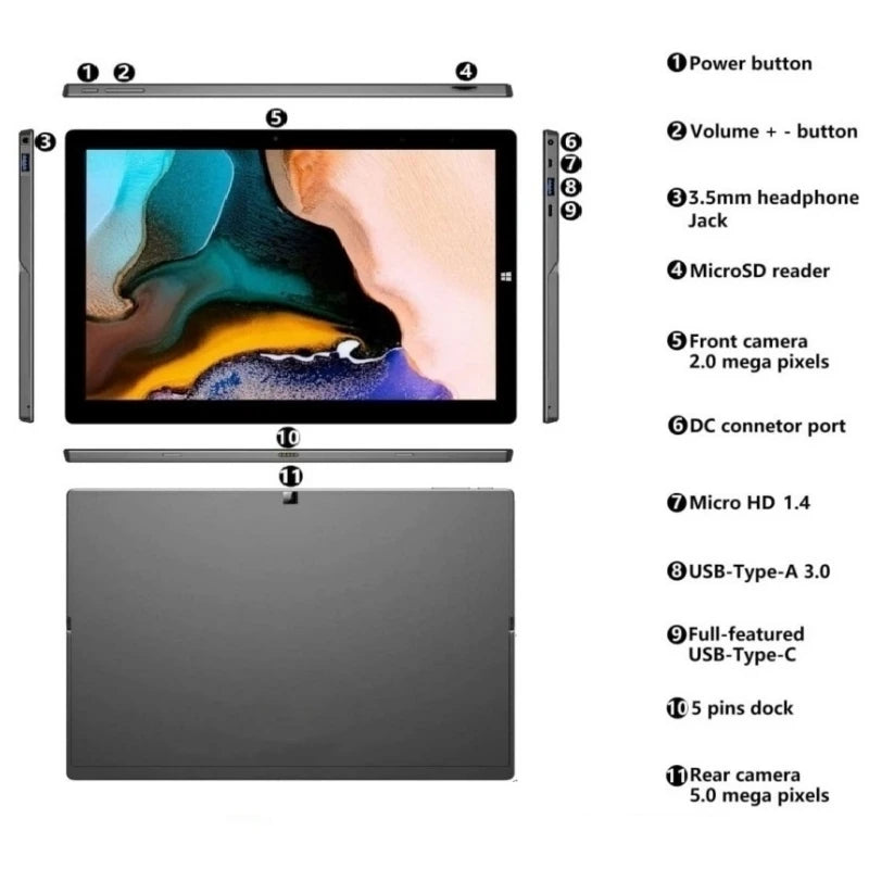 64-bits 11.6” Windows 11 Type C Tablet 8GB RAM 512GB ROM Intel Celeron N4100 CPU 1920x1080IPS Screen WIFI HD-MI