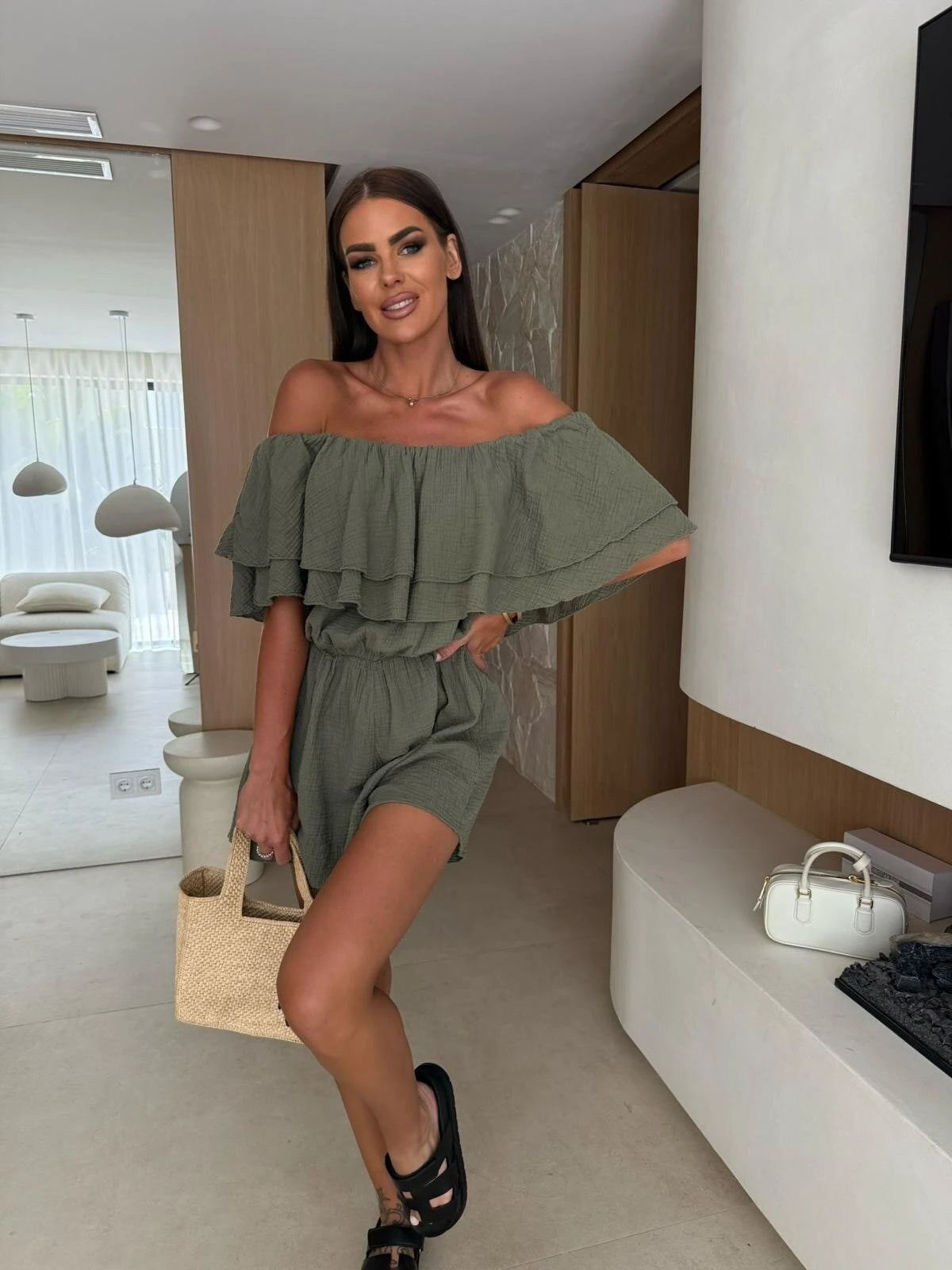 Chic Off The Shoulder Double Layer Ruffled Short Sleeve Romper With Elastic High Waist And Loose Fit Shorts Ideal For Summer Cas