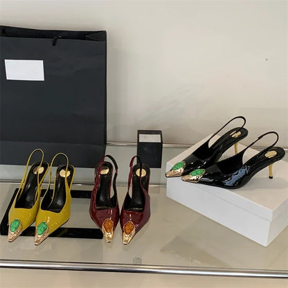 Aneikeh Street Style Design Metal Square Head Diamonds Woman Pumps Sandals Elegant Sexy Low-heel Banquet Prom Slingbacks Shoes