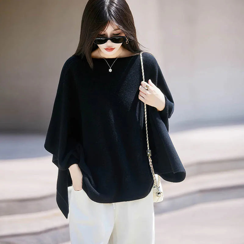 Autumn New 100% Merino Wool Shawl Pullover For Women Soft Solid Cashmere Knitwear Shawl Scarf Female Popular Sweater Grace Tops