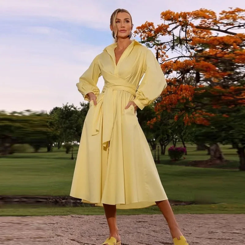 Fashion Women's Shirt Style Dress Waist-Closed Long Sleeve Turn-Down Collar Lace Up Dresses 2025 Summer Casual Female Vetidos