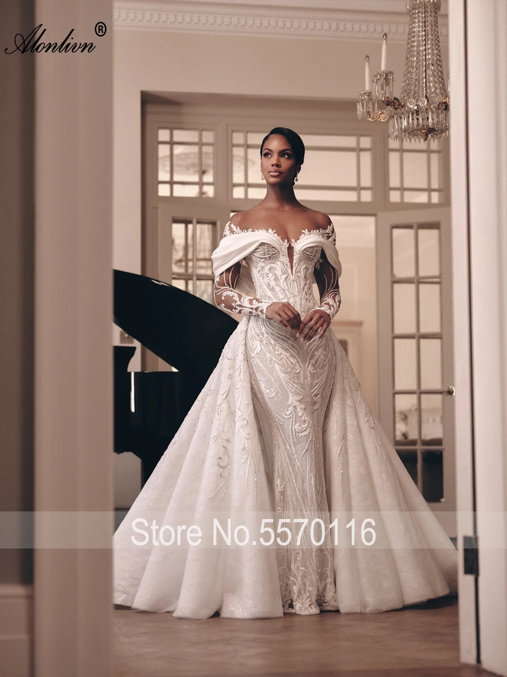 Alonlivn Custom Made Luxury Lace 2 In 1 Mermaid Wedding Dress Beading Embroidery Illusion Neck Trumpet Bridal Gowns