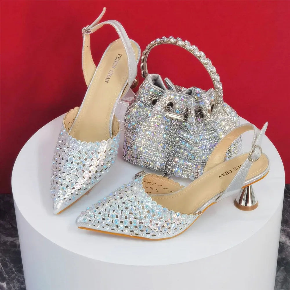 Multicolor Rhinestone Heels & Bag Set | Crystal Pointed Slingback Pumps, Women Wedding Bridal Evening Party Matching Shoes Handb