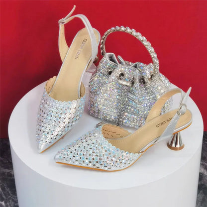 Multicolor Rhinestone Heels & Bag Set | Crystal Pointed Slingback Pumps, Women Wedding Bridal Evening Party Matching Shoes Handb