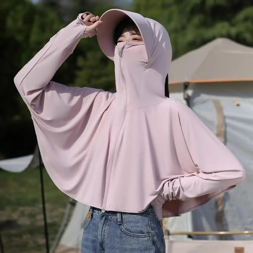 Solid Color Sunscreen Hoodie Long Sleeve Large Brim Hat Summer Sunscreen Shawl Thin Arm Sleeves Ice Silk Short Jacket Running