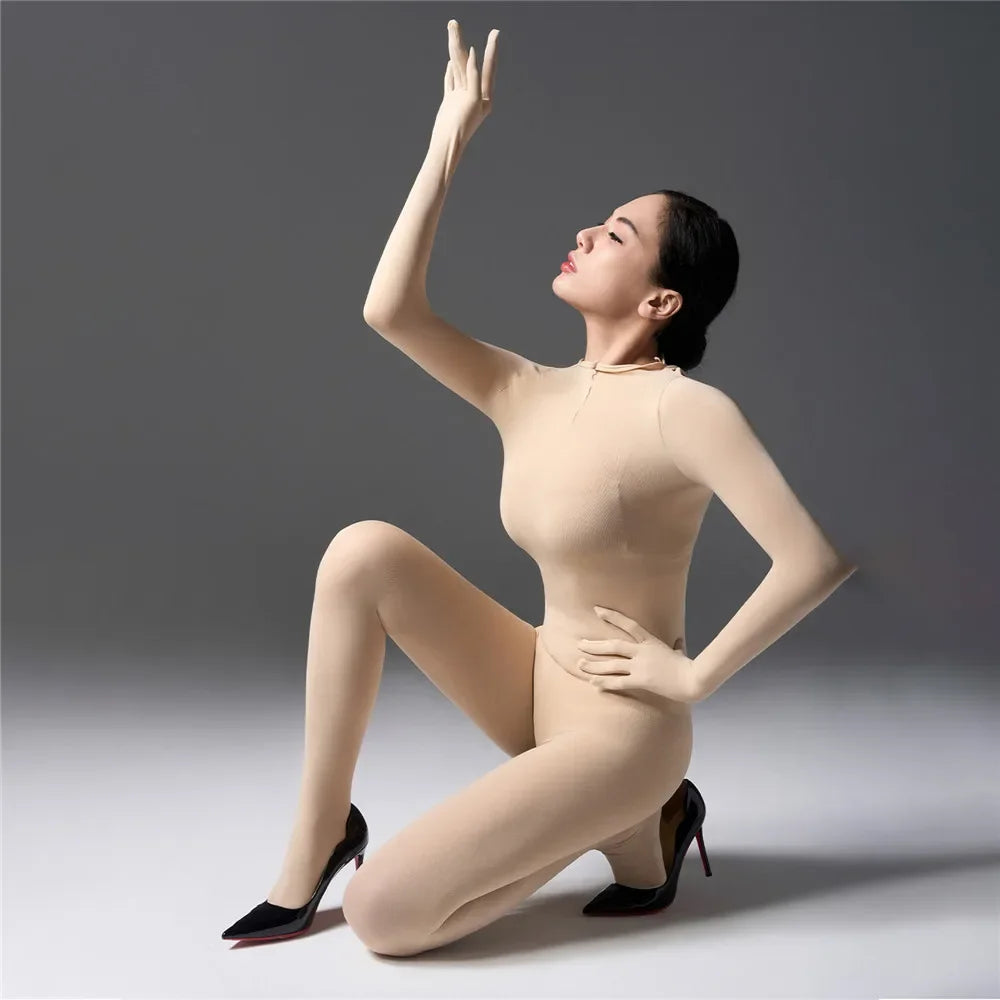Sexy Women's Warm Full Body Bodysuit High Elastic Shaping Exotic Tights Sheer Cosplay Maid Leotard Long Sleeves Glove Jumpsuits