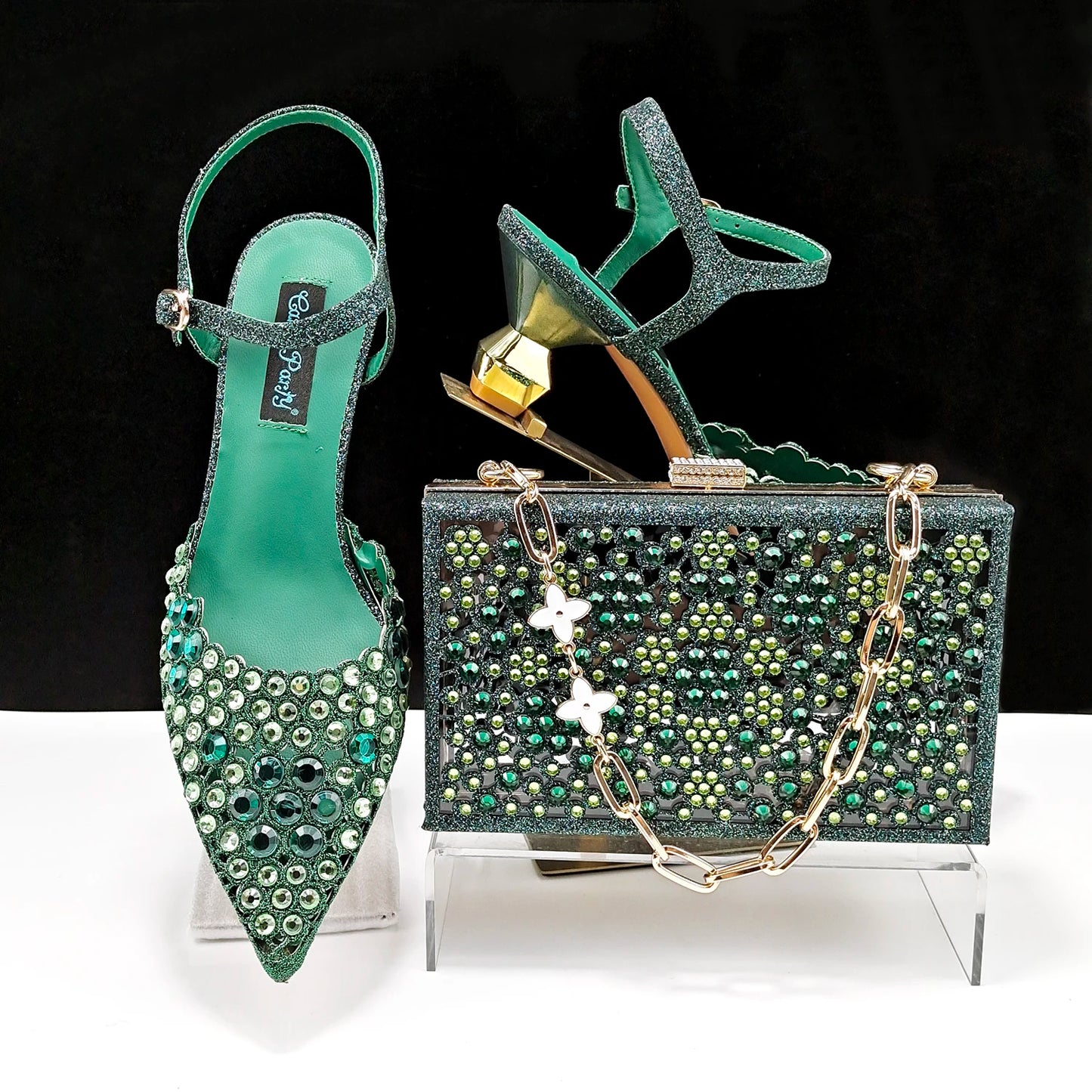 Party Style African Women's Shoes Bags Rhinestone Embellished Pointed Toe Cutout Heels Square Clutch Bag