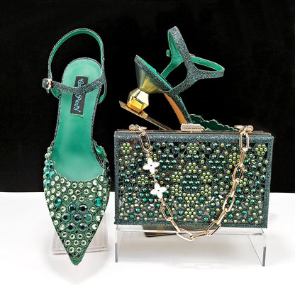 Party Style African Women's Shoes Bags Rhinestone Embellished Pointed Toe Cutout Heels Square Clutch Bag