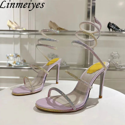 Summer Crystal Gladiator Sandals Women Rhinestone Twine Around Ankle Snake Wedding Shoes High Heels Sandals Woman