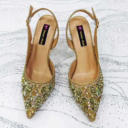 Luxury Handmade Flowers Shoes and Clutch for Women- Nigerian Style Elegant Crystal Heels with Matching Evening Bags