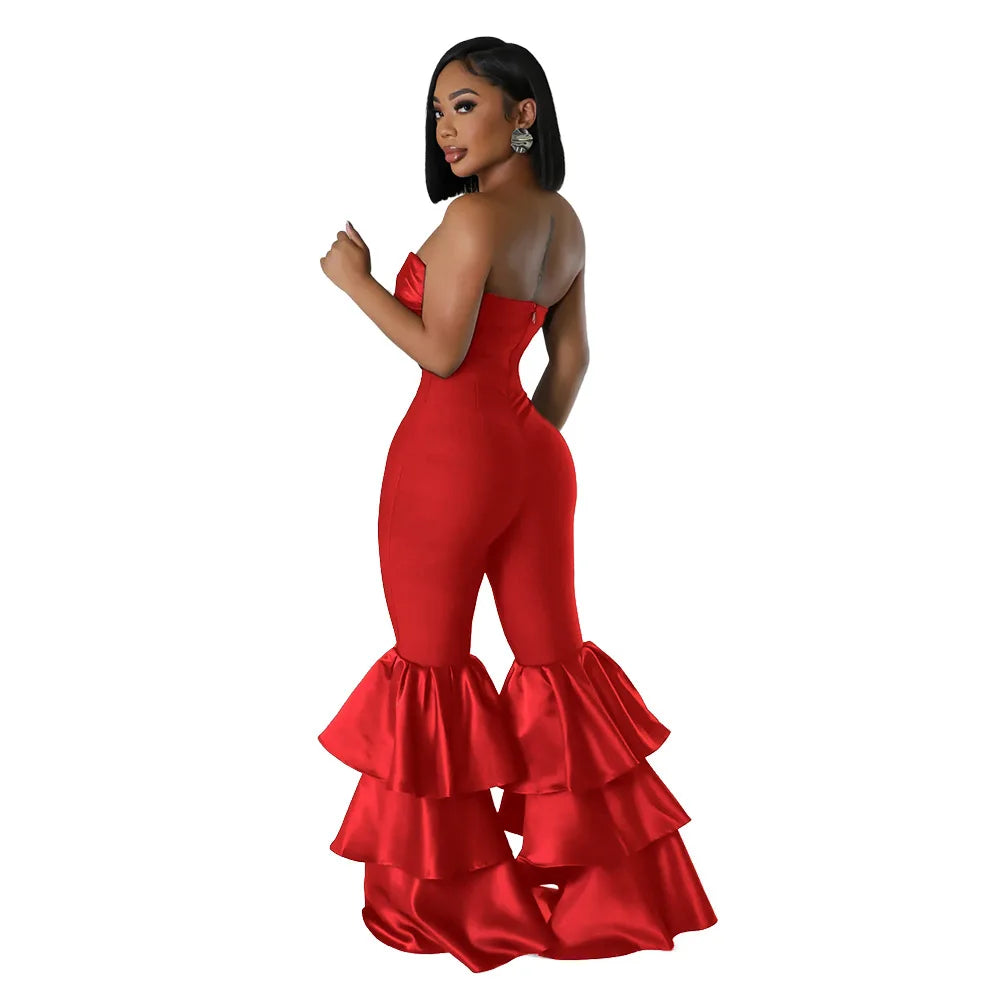 Jumpsuits Strapless Women Sleeveless Sexy Rompers One Piece Overalls Slim Fit Long Pant Ruffles Patchwork Elegant Lady