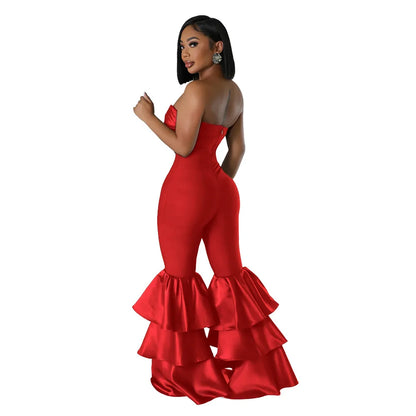 Jumpsuits Strapless Women Sleeveless Sexy Rompers One Piece Overalls Slim Fit Long Pant Ruffles Patchwork Elegant Lady