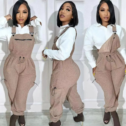 Lace Up Jumpsuit Women One Piece Jumpsuits Fur Rompers High Waist Spring Autumn Pants Mom Overalls Playsuits Elegant Pink