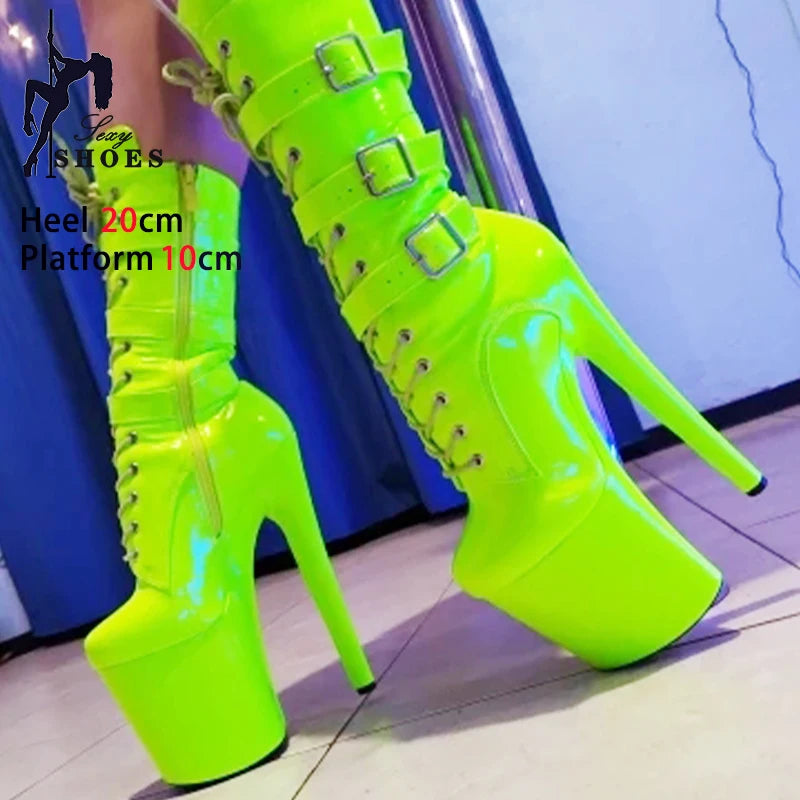 Fluorescent Green Fashionable Women ANKLE Boots Round Toe Side ZIP Short Boots Pole Dance Shoes Platform Heels Three Belt Buck