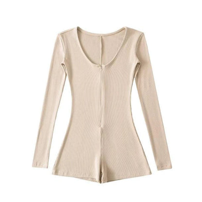 Womens Yoga Long Sleeve Jumpsuits Slim Fit Stretch One Piece Shorts Playsuits Romper Sexy Fitness Low Neck Zipper Sportwear