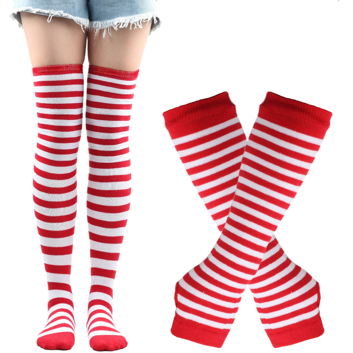 Long Over Above Knee Socks Womens mittens Arm Sleeve Gloves Set Striped Thigh High Stockings Ladies Girl Pink Black White Lolita