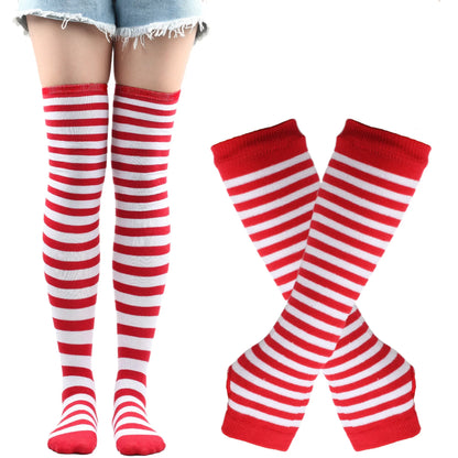 Long Over Above Knee Socks Womens mittens Arm Sleeve Gloves Set Striped Thigh High Stockings Ladies Girl Pink Black White Lolita