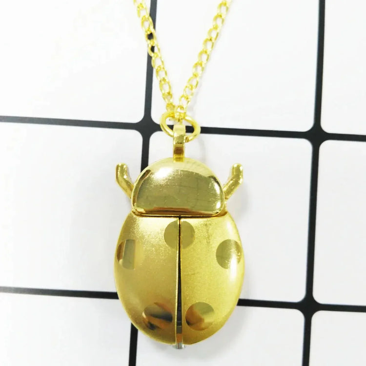 Fashion Small Golden Beetle Pocket Watchs, Cute New Adult Children Ladybug Watch,with Chain Lightweight Necklace Pendant Clock