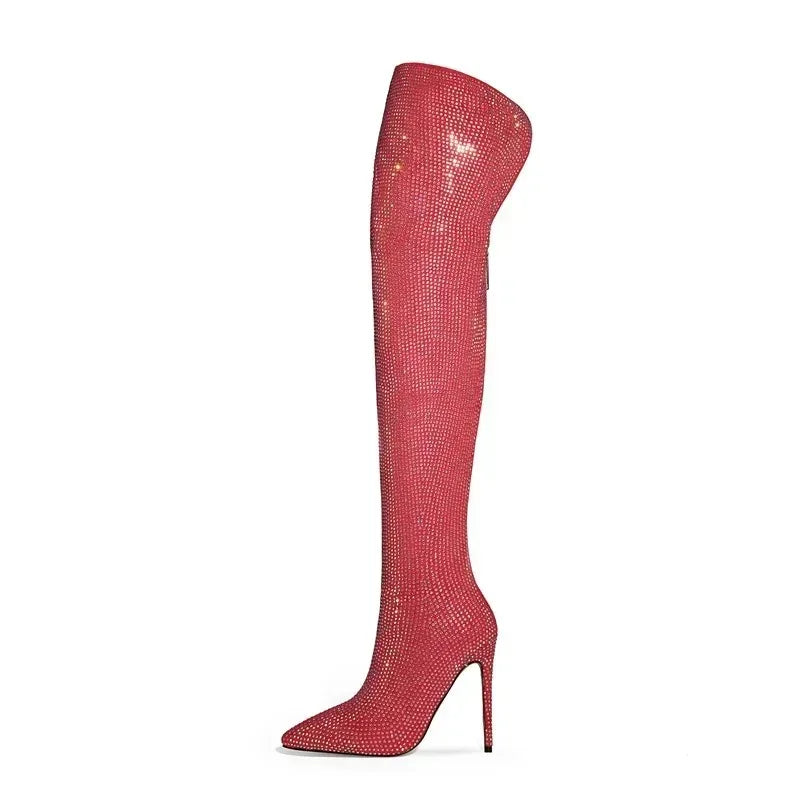 Silver Black Rhinestone 12cm High Heel Long Boots New Fashion Show Shiny Diamond Pointed Women's Over The Knee Boots Size 34-46