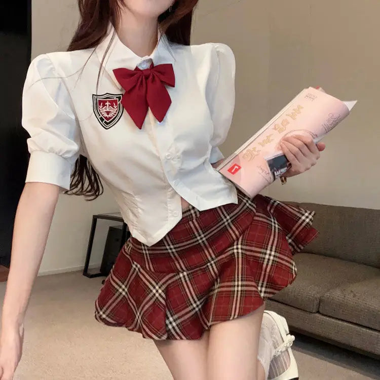 2025 improved cute sexy korea jk suit women autumn jk school uniform women shirt plaid pleated half skirt fashion two-piece set