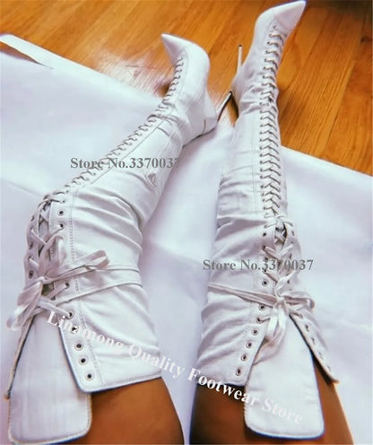Linamong Blue Black White Denim Patchwork White Stiletto Heel Over Knee Boots Pointed Toe Lace-up Slim Thin Heel Long Boots