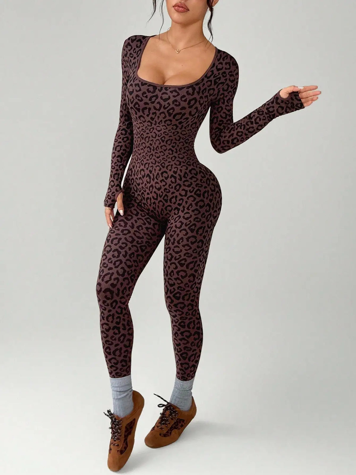 Women Leopard Print Tight Jumpsuit Slimming Hip Hugging Long Sleeve U Collar Stretchy