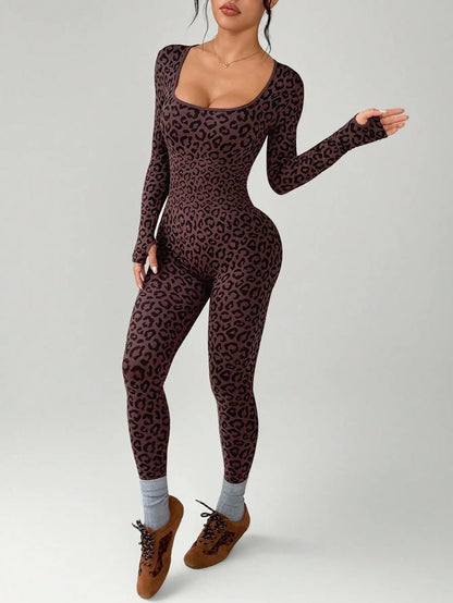 Women Leopard Print Tight Jumpsuit Slimming Hip Hugging Long Sleeve U Collar Stretchy