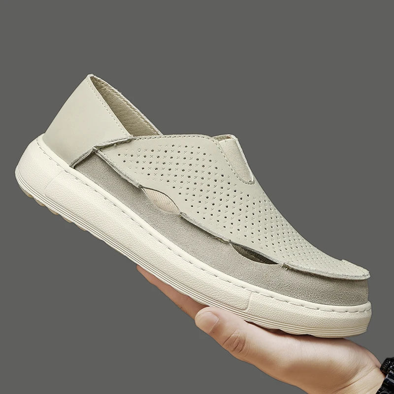 Mens Sandals Summer Handmade Leather Daily Wear Fashionable Walking Shoes Breathable Odor Proof Casual Loafers Plus Size Male