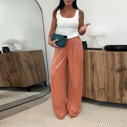 Elegant Sequined Women's Trouser Mid-Waist Lace Up Straight Mop Pants 2026 Summer Autumn Fashion Female All-Match Bottom