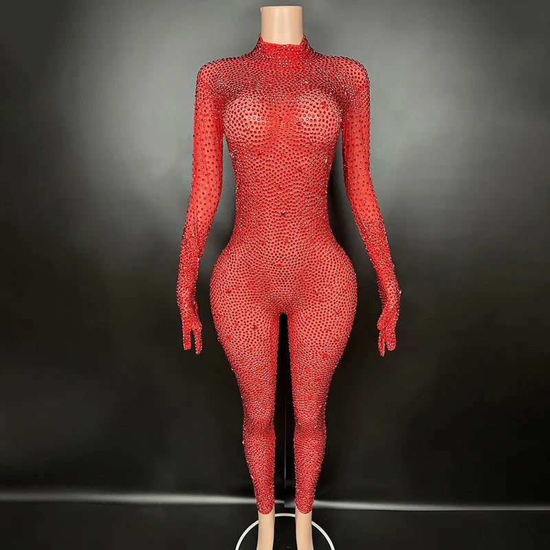 2025 Sexy Full Sparkly Rhinestone Jumpsuit for Women Bodycon Luxury Costume Party Club Bright Stage Singer Performance Jumpsuits