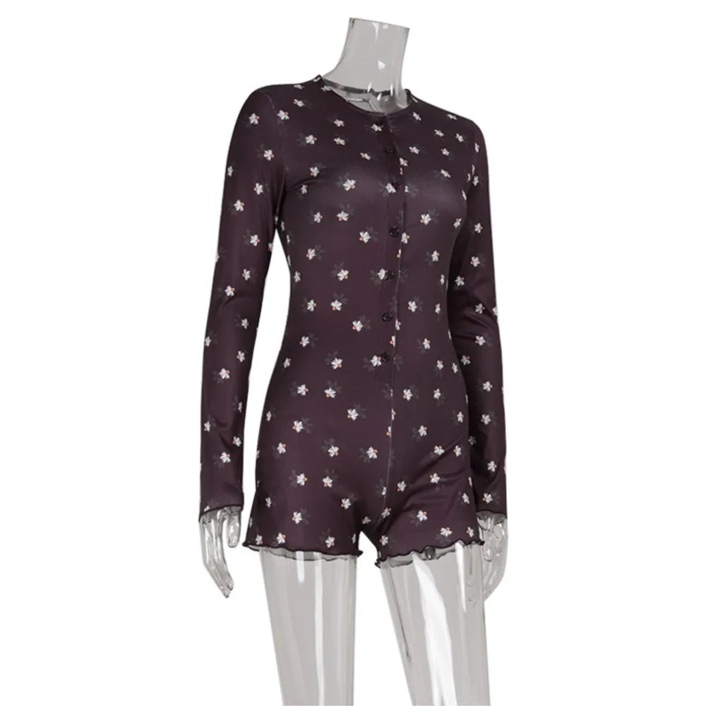 Women's Clothing Long Sleeve Floral Printed Jumpsuit Sexy Slim Home Wear Pajamas Fashion Round Simple Style Comfortable Trendy
