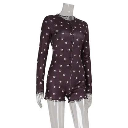 Women's Clothing Long Sleeve Floral Printed Jumpsuit Sexy Slim Home Wear Pajamas Fashion Round Simple Style Comfortable Trendy