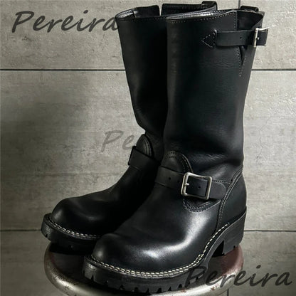 Metal Belt Buckle Sleeve Knight Boots for Men Retro Thick Soled Height Increasing Motorcycle Boots Autumn Winter Male Shoes