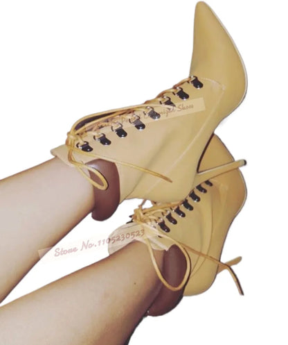 Women Camel Color Stiletto Heel Ankle Boots Brown Collar Patchwork Lace-Up Short Booties Pointed Toe Motorcycle Shoes