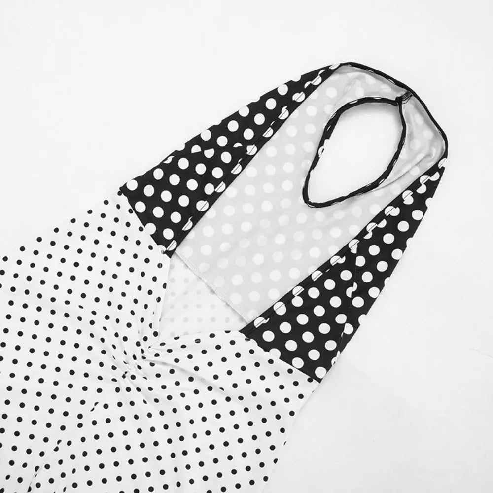 FLARORA Trend Color Blocking Rompers Woman Polka Dot Print Halter Bandage Backless Peach Hip Playsuits Sexy Midnight Streetwear
