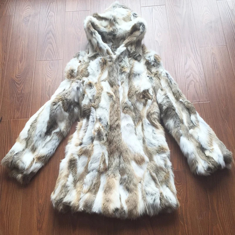 2025 New Luxury Big Hood Real Rabbit Fur Coat For Women Factory Wholesale Full Pelt Nature Ladies Rabbit Fur Overcoat NZ101
