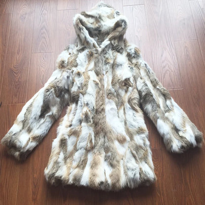 2025 New Luxury Big Hood Real Rabbit Fur Coat For Women Factory Wholesale Full Pelt Nature Ladies Rabbit Fur Overcoat NZ101
