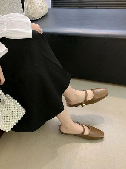 Soft Leather 2025 Ins Silver Buckle Strap Casual Shoes Fashion Flats Elegant Glitter Metallic Mules Shoes Cover Toe Slippers