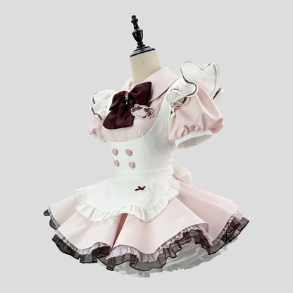 Pink Sweet Maid Lolita Full Set Ruffle Mini Dress With Apron Bow Headpiece Cosplay Costume For Halloween Party
